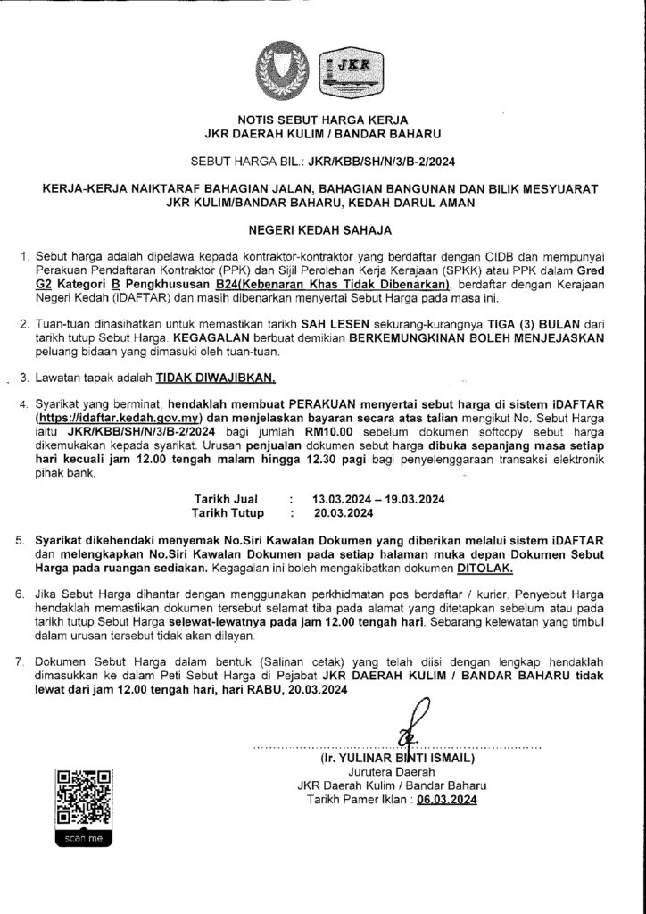 NOTIS SEBUT HARGA KERJA JKR/KBB/SH/N/3/B-2/2024 BAGI KERJA-KERJA ...