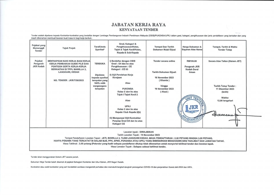 Read more about the article Makluman Kerja Tender Unit Tentera JKR Negeri Kedah (Zon Utara)