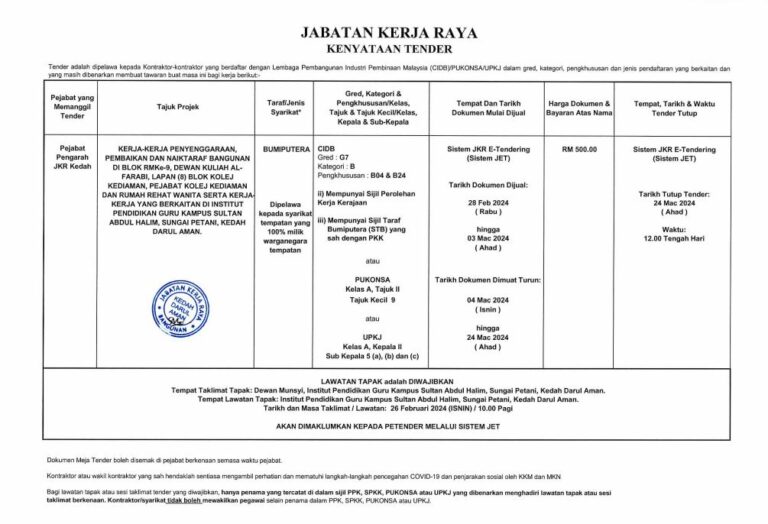 KENYATAAN TAWARAN TENDER BAHAGIAN BANGUNAN - Portal Rasmi Jabatan Kerja ...